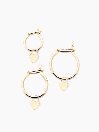 14k solid gold huggie hoops with heart charms