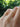 Two thin gold band rings worn on a person's fingers, photographed outdoors with a blurred green foliage background.
