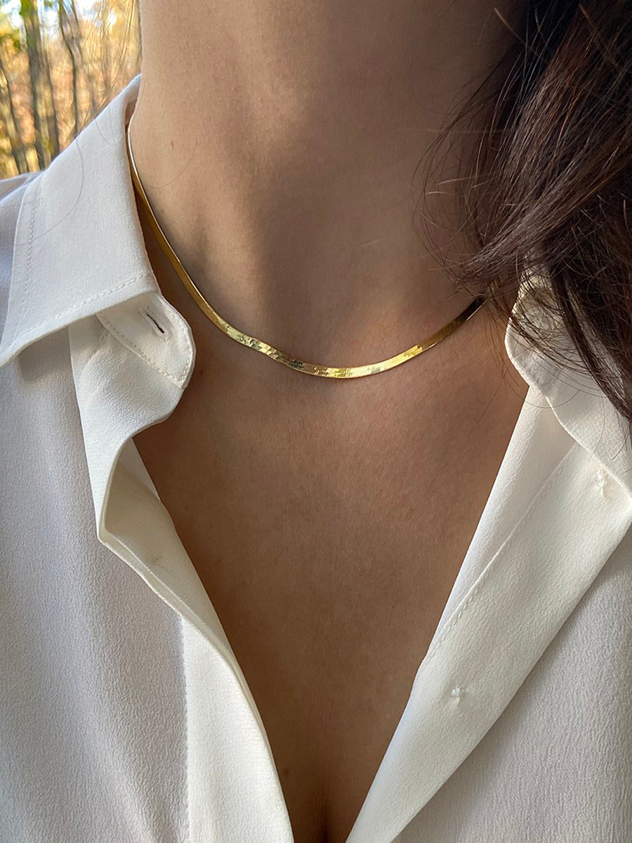 14k solid gold herringbone chain necklace